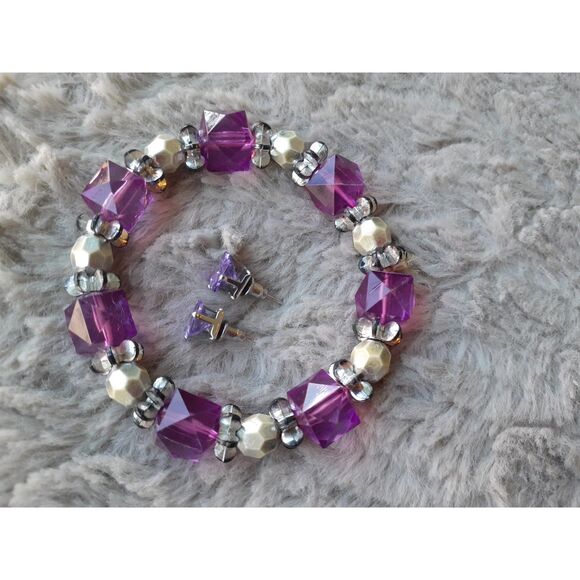 Womens Handcrafted  Purple Crystal Silver Beads Bracelet & Stud Earrings Set - Picture 4 of 10